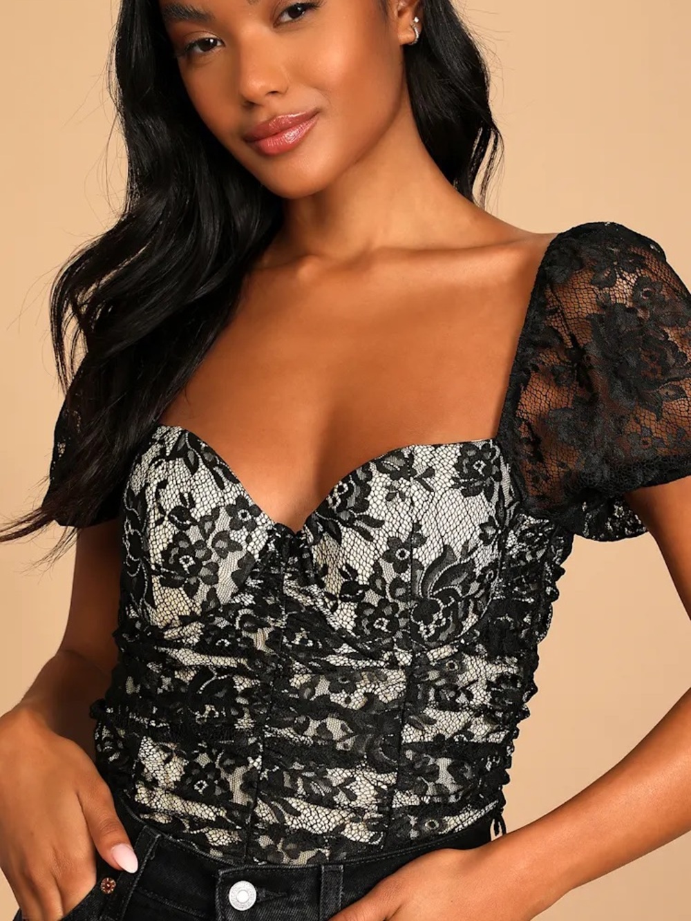 Lulu's NWT Elegant Demeanor Black Lace Puff Bodysuit Size Small